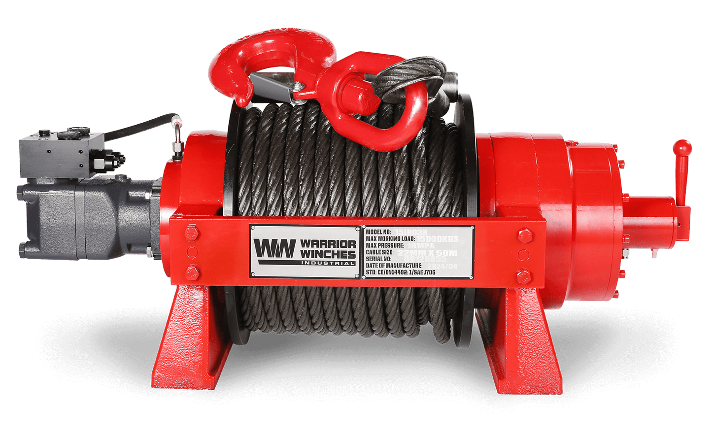 JR15 33,000lb (15 Ton) Industrial Hydraulic Winch - Steel Rope